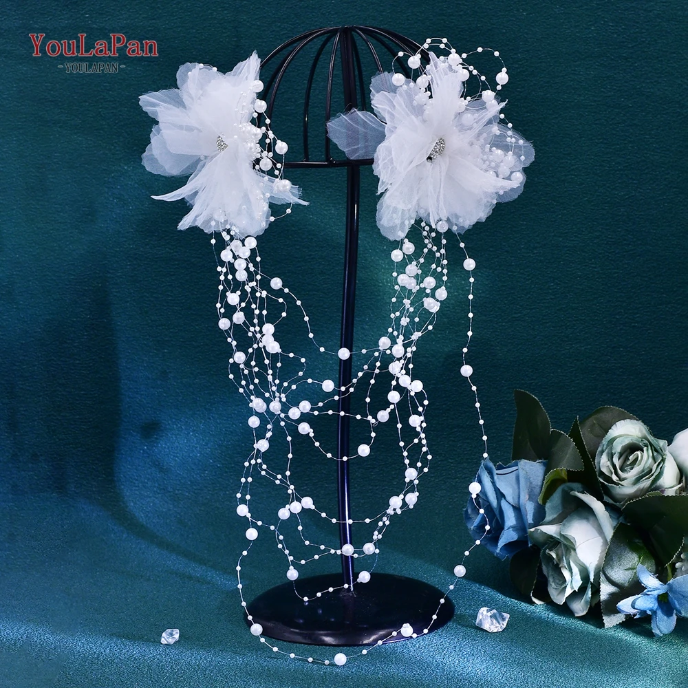 

YouLaPan Handmade gauze Flower Fairy Headwear Long Pearl Tassel Wedding Headband Elegant Girl Princess Hair Accessories HP691