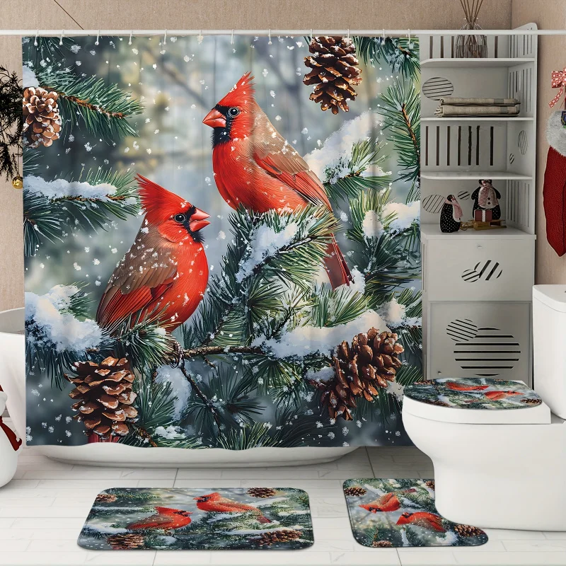 1/4pcs Christmas Set Cardinal Pine Cone Winter Scene Red Green Shower Curtain Waterproof Polyester Washabl