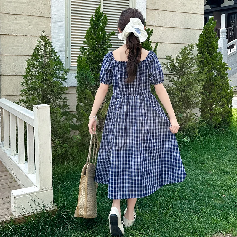 2025 New Checkered Children's Dress Summer Girls' Campus Style Long Dress Simple Baby Princess Dress Festival Performance Skirt