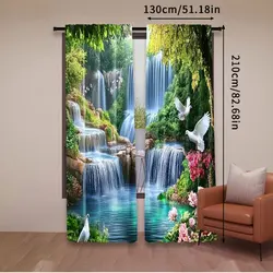 2Pcs Beautiful Forest Waterfall Landscape Curtain Vivid Nature Curtain Suitable For Bedroom Bathroom Living Room Dining Room