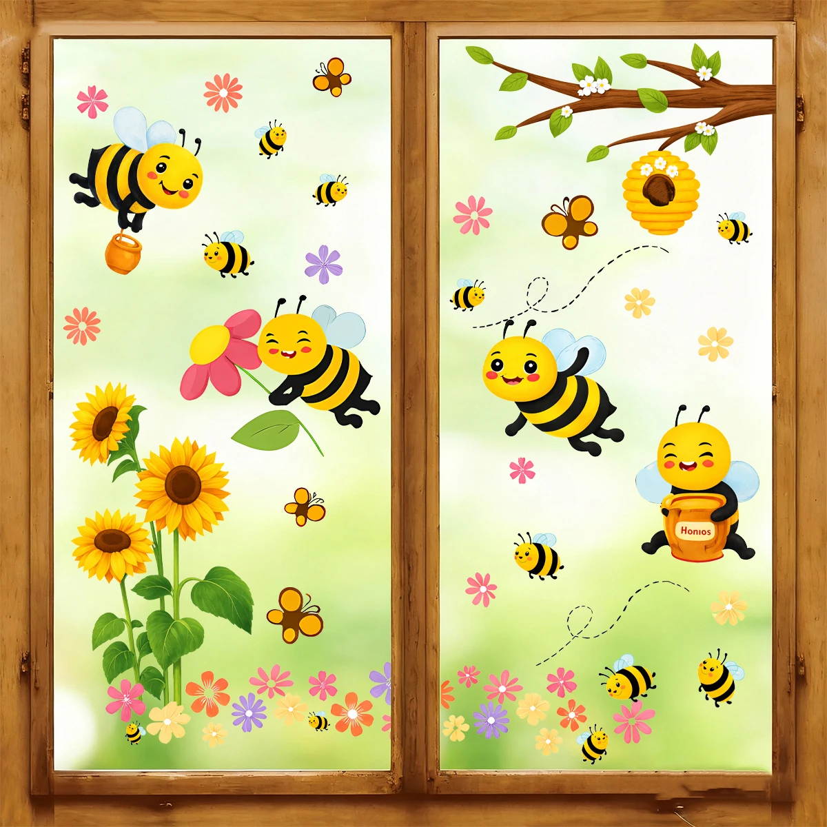 Frühlings-Fensteraufkleber mit Cartoon-Bienen und Sonnenblumen, Statische Glasfensterfolien mit Waben-, Blumen- und Schmetterlingsmotiven für Kinderzimmer und Heimdekoration