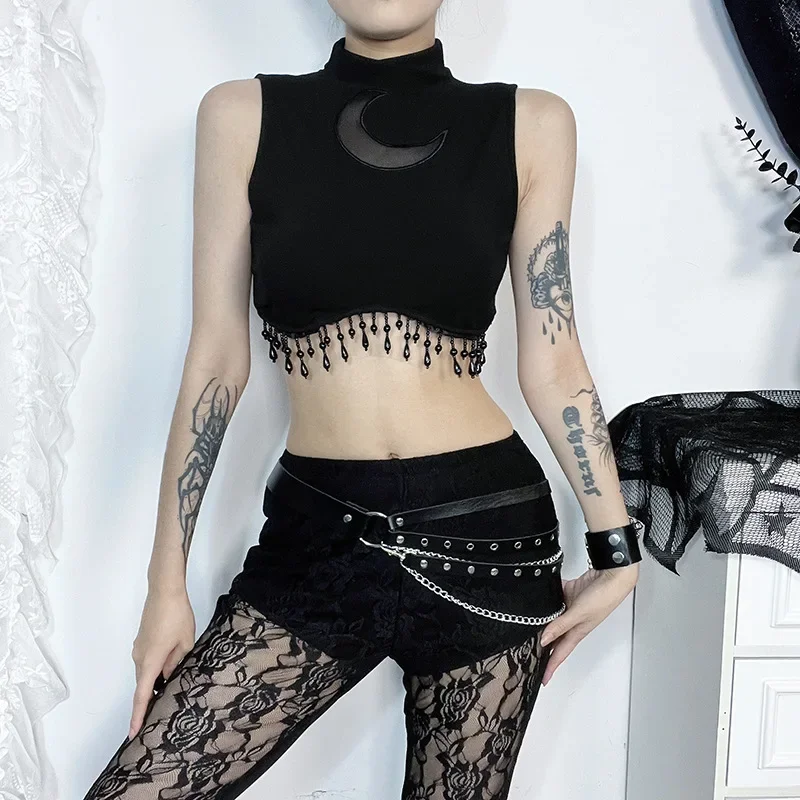 Sexy Moon Chain Tassel Sleeveless Cropped Tops Women's Clothing Y2K Gothic Punk Streetwear 2024 Summer Fashion Cosplay Vest