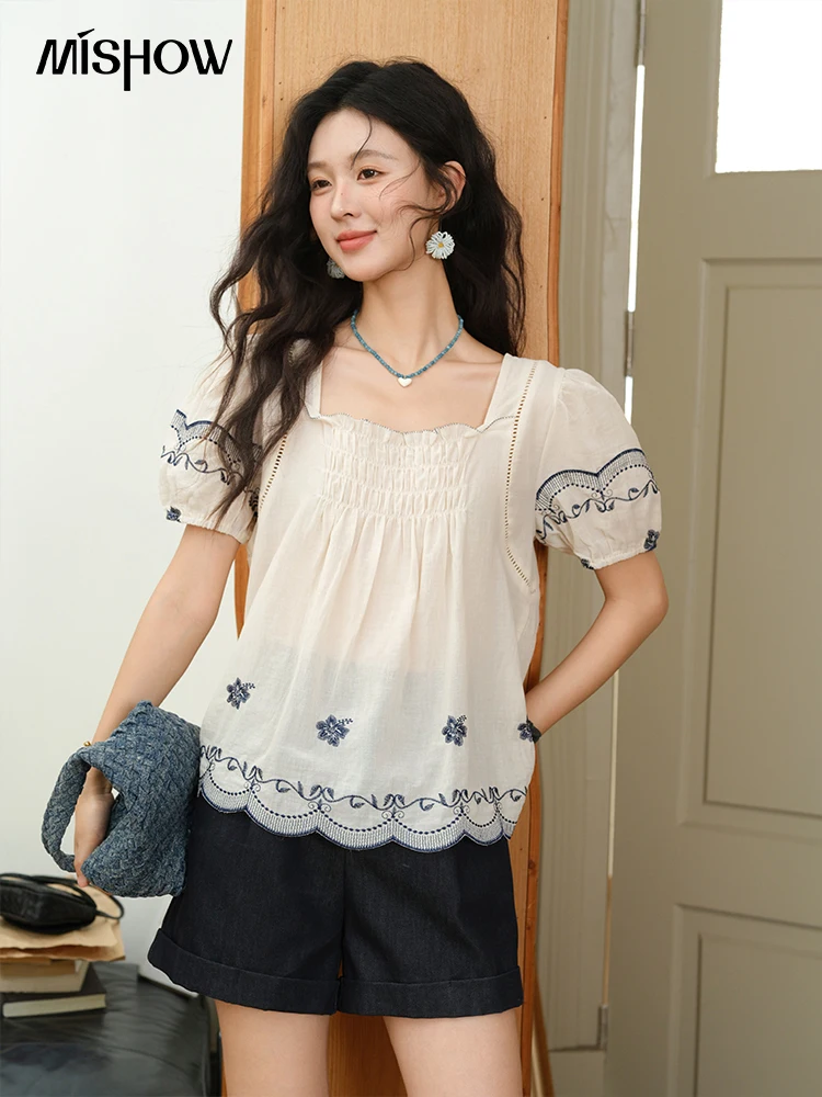 

MISHOW Square Neck Puff Sleeve Women's Blouse 2025 Summer Fashion Flower Embroidery Hollow Out Blouse Female Clothing MXE39X1953