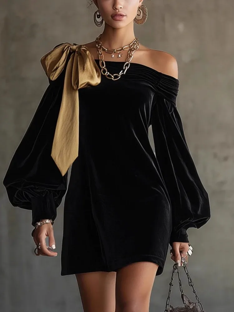 Elegancka sukienka z odkrytymi ramionami i kokardą, seksowna, elegancka, podkreślająca temperament, dopasowana sukienka vintage z długim rękawem, mini sukienka na wiosnę i jesień 2026