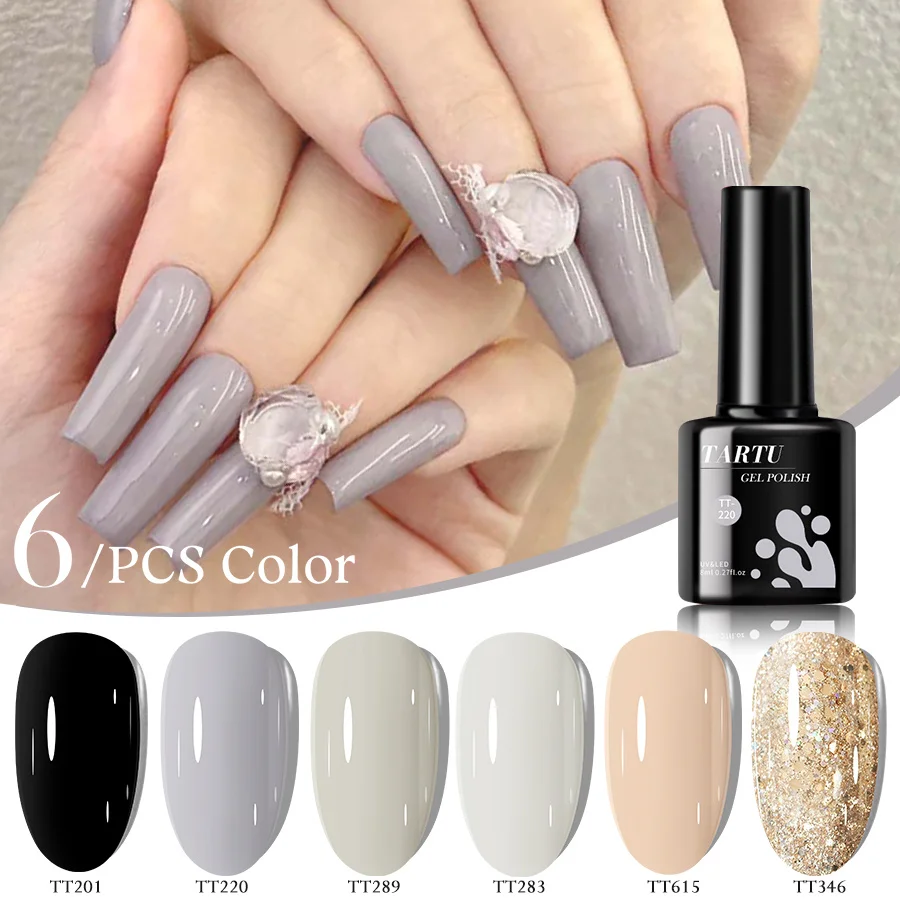 مجموعة طلاء أظافر جل مكونة من 6 قطع، طقم طلاء أظافر جل شبه دائم مكون من 6 ألوان باللون الأسود والأبيض والذهبي اللامع، طقم طلاء أظافر بالأشعة فوق البنفسجية/Led، مانيكير فن الأظافر