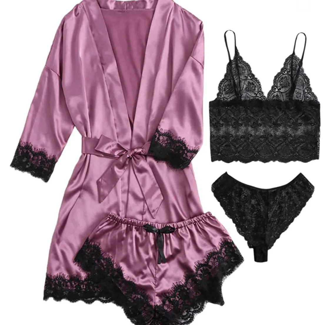 Set di quattro pezzi di indumenti da notte alla moda, set di bretelle in raso con bordi in pizzo sexy, abito, comoda camicia da notte casual