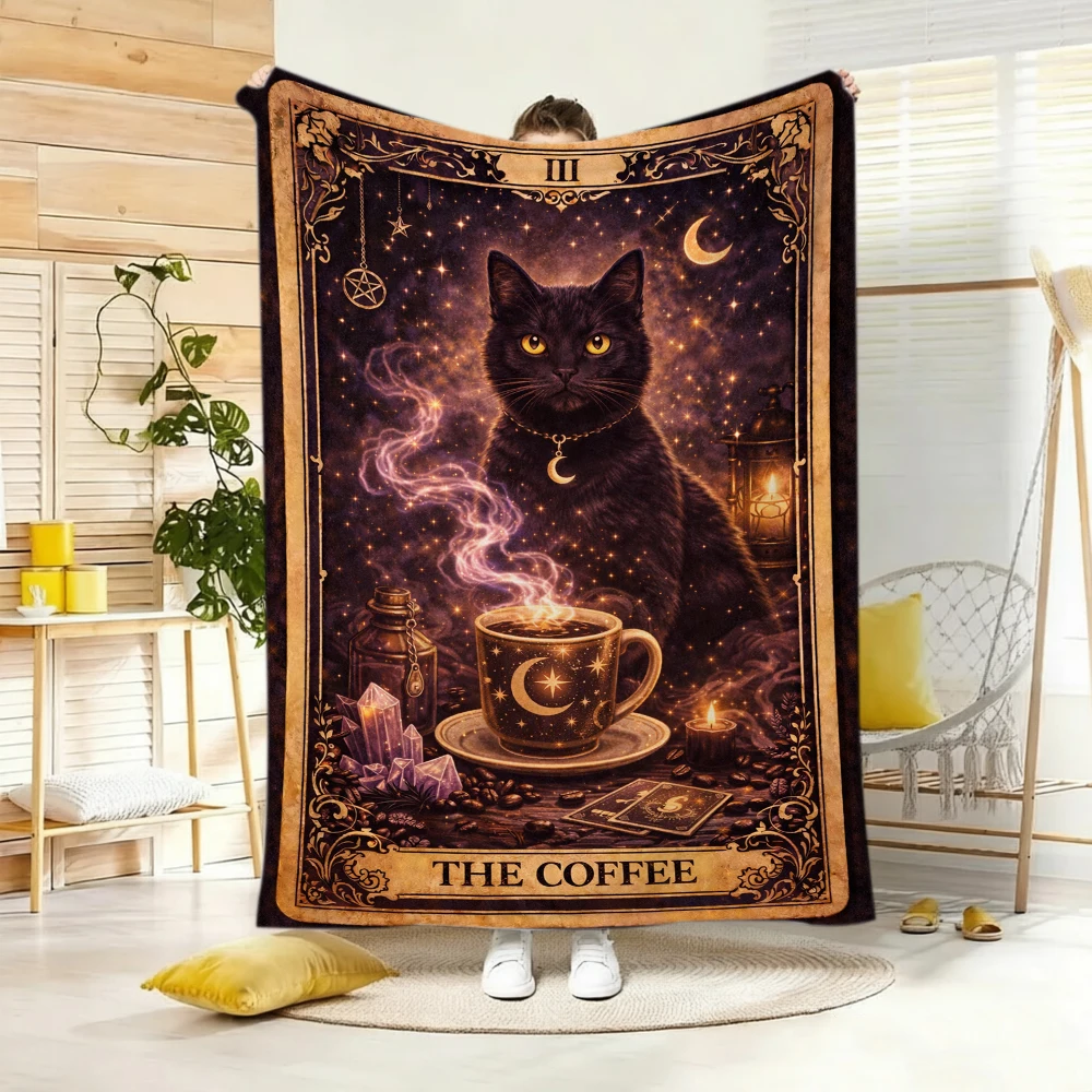 Egyptian Bastet Black Cat Winged Blanket Ancient Hieroglyph Watercolor Print Soft Warm Lightweight Sofa Bed Blanket