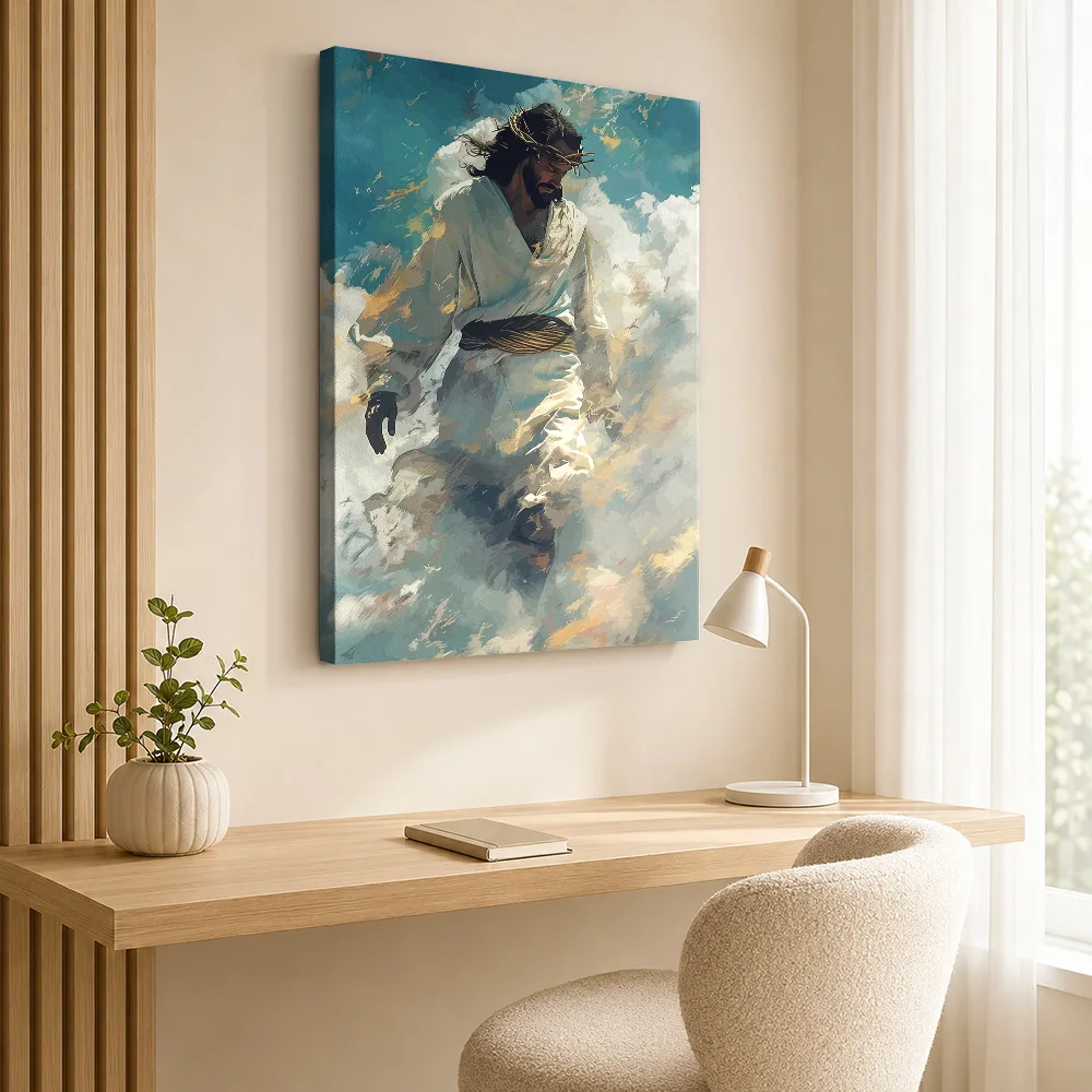 Jesus Christ In Clouds Framed Canvas Poster Customized Photo Painterly Wall Art For Quiet Reading Corner, Faith Inspired Gift