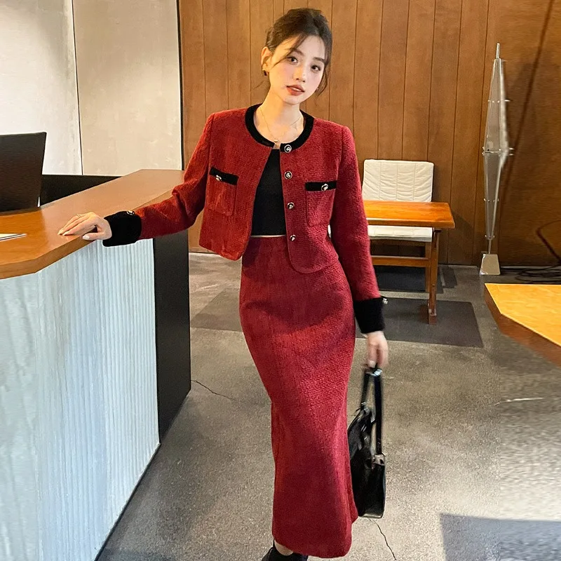 2024 New Women Tweed Cadigan Jacket + Pencil Midi Skirt Long Sleeve Single-breasted Small Fragrance Short Coat Two Piece Set