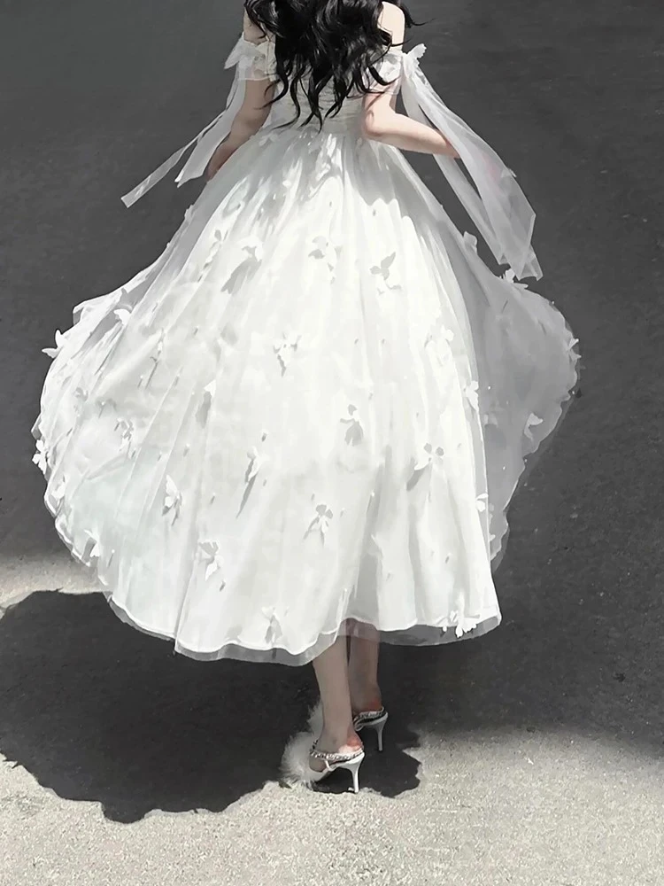 Elegant and Sweet Lady White Lolita Bow Off-shoulder Slimming Dress French Style White High Waist Princess Long Dresses 2025Hot