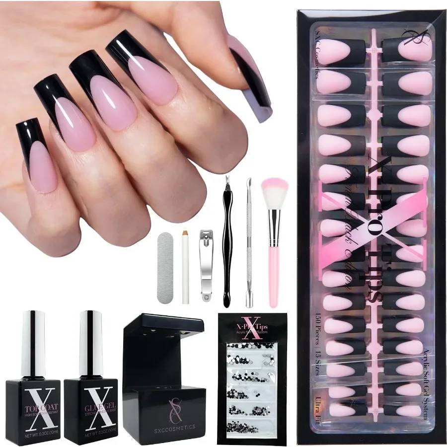 

SXC Cosmetics XPro Tips French Tip Press on Nails Medium Square French Black Edition for Elegant Evening Outfits and Formal Eve