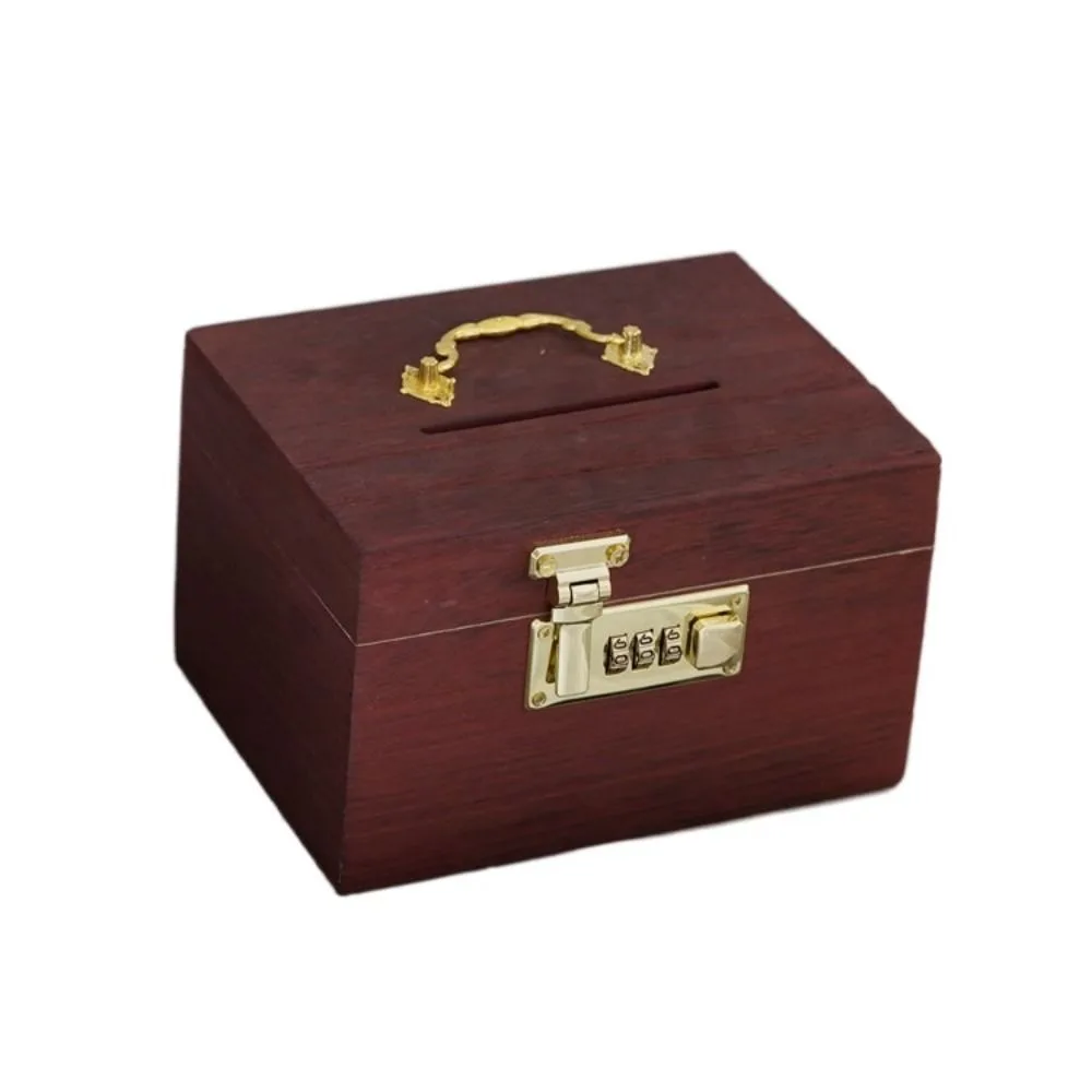 Retro Wooden Savings Tank Rectangle Chinese Style Money Tank with Password Lock Metal Handle Password Lock Money Box Gift