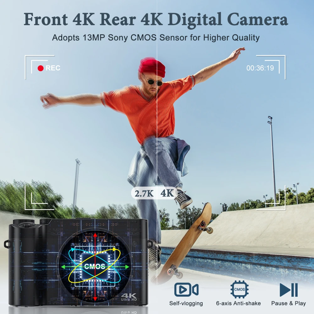 4K 64MP Digital Camera for Photography and Video Autofocus Dual Cameras Vlogging Camera for YouTube 6-Axis Stabilization Camera