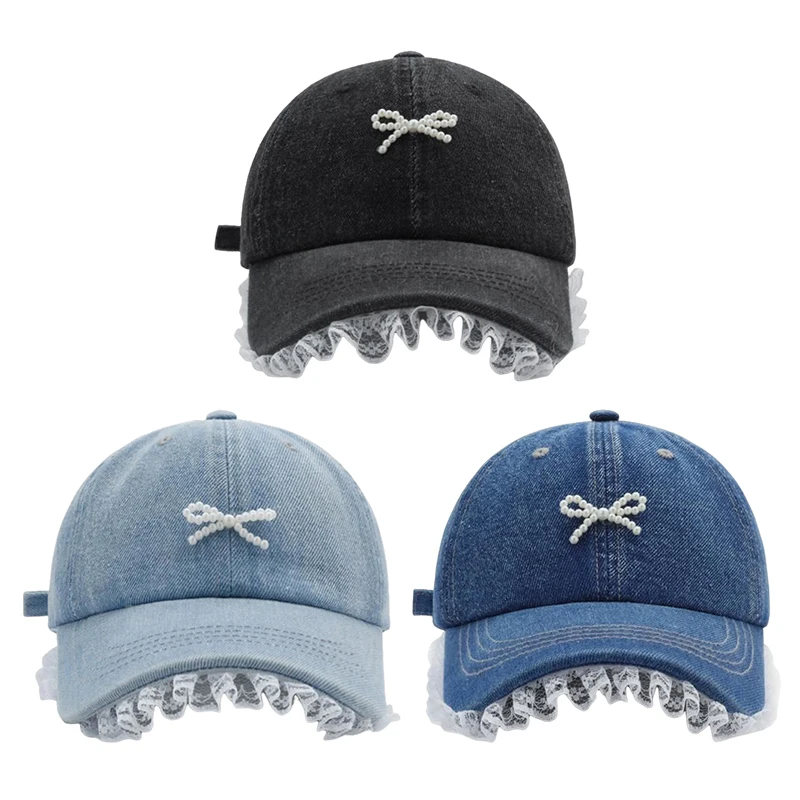 Berretto da Baseball con fiocco di perle carino da donna cappello sportivo dolce di moda all'aperto versione coreana del cappello estivo con berretto da Baseball in Denim di pizzo di nicchia