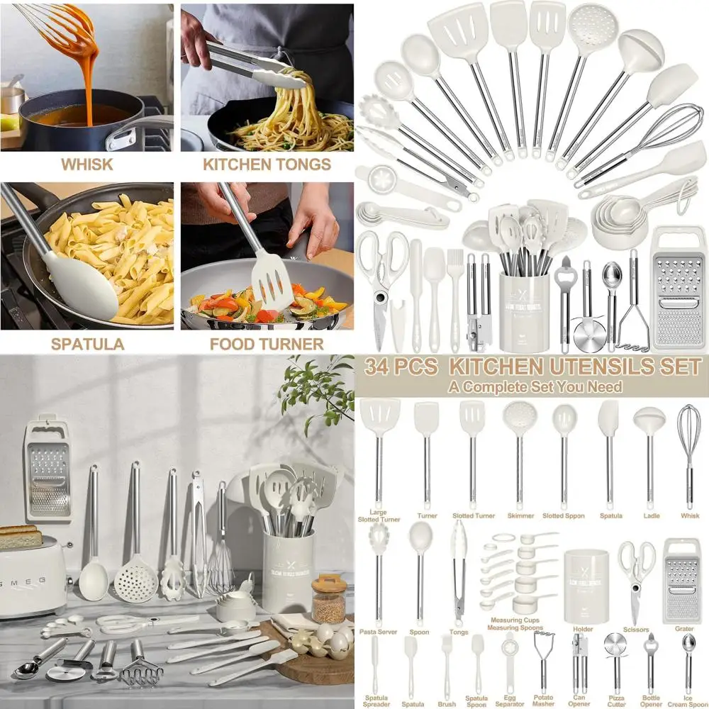 

Набор силиконовой посуды из 34 предметов с ручками из нержавеющей стали — белый, с антипригарным покрытием, удобные кухонные инструменты и аксессуары для кастрюль