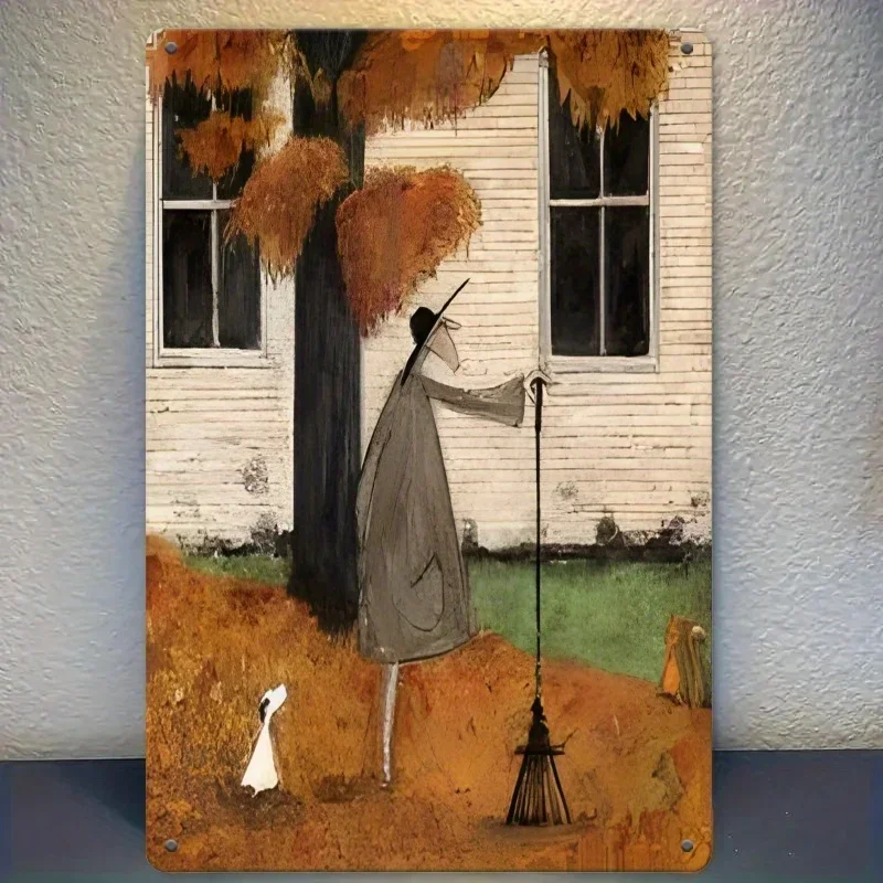 2026-Sam-Toft Vintage Halloween Witch Metal Wall Art-Long Strip Aluminum Sign with Spooky House & Broomstick Design, Perfect for