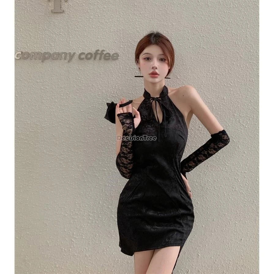2025 chinese female vintage slimming elegant black cheongsam qipao new lace sexy package hip sleeveless cheongsam dress w473