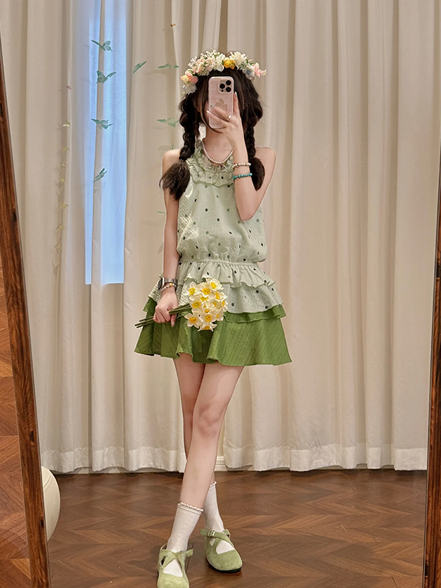 Summer Polka Dot Halter Neck Sleeveless Short Skirt Women's  Forest Green Lemon Cold Brew Fabric Pig High Waist A-Line S...
