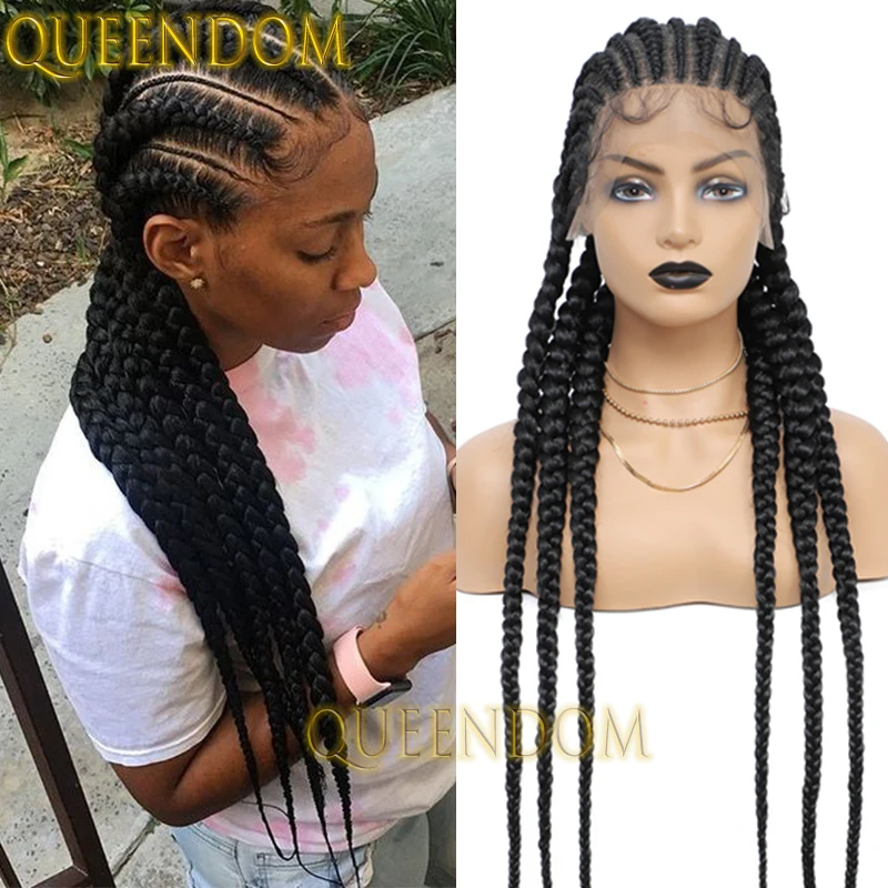 Synthetic Dutch Twins Braids Wig 36 Inch Jumbo Crochet Distressed Cornrow Plaits Braid Black Women Wig Full Lace Box Braided Wig