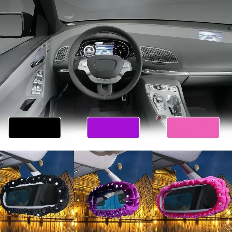 Car Plush Rhinestone Rearview Mirror Cover Auto Interior Rearview Mirror Decor Cover Universal Black/Purple/Pink Car Accessories