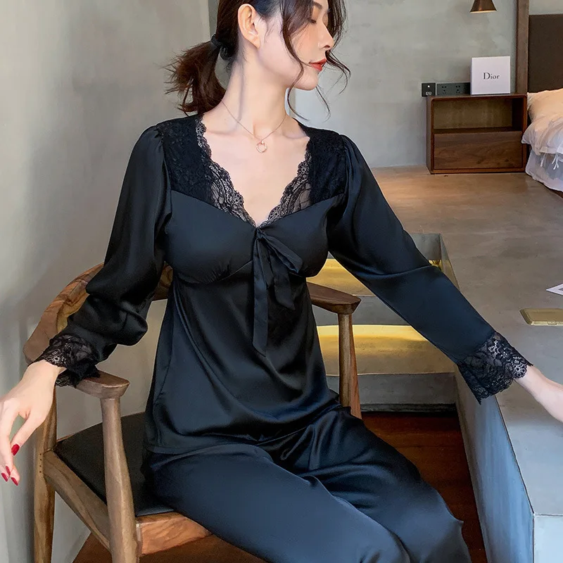 

Elegant Court Style Loungewear Rayon Long Sleeve Shirt&pants 2Pcs Pajamas Suit Lace Patchwork Pyjamas Pour Femme Home Clothes