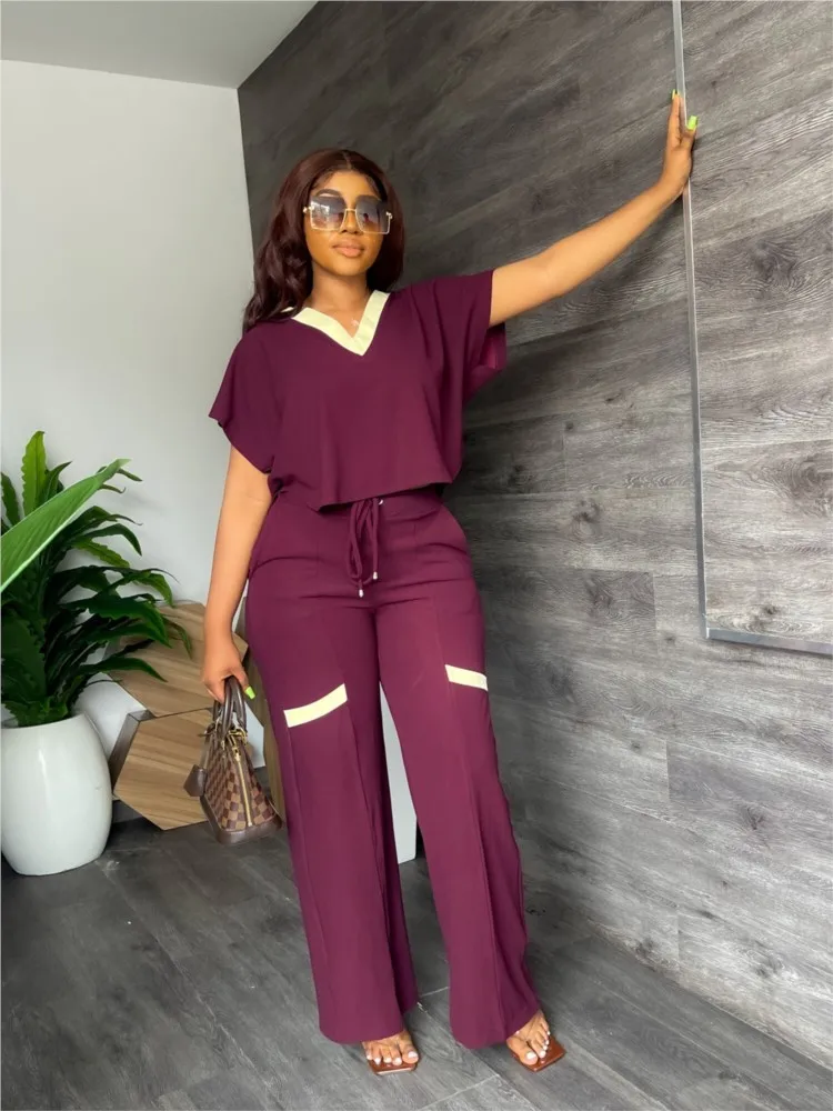 

Fashion Elegant Women's Casual Short Sleeve T-shirt Sports Suit Summer Solid V Neck Short Top&Straight Pants Two Piece Sets