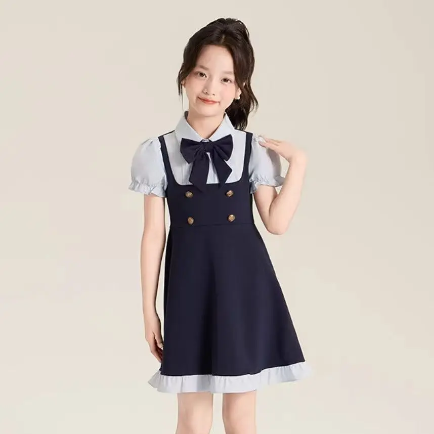 

Girls' Summer 2025 New Fashionable Children's College Style Sweet Fake Two Piece Bow Princess Dress 100-170CM