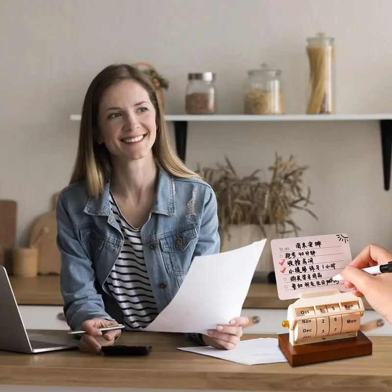 永久二輪カレンダー、月1日ディスプレイ付きの再利用可能な木製ロータリー年間カレンダー