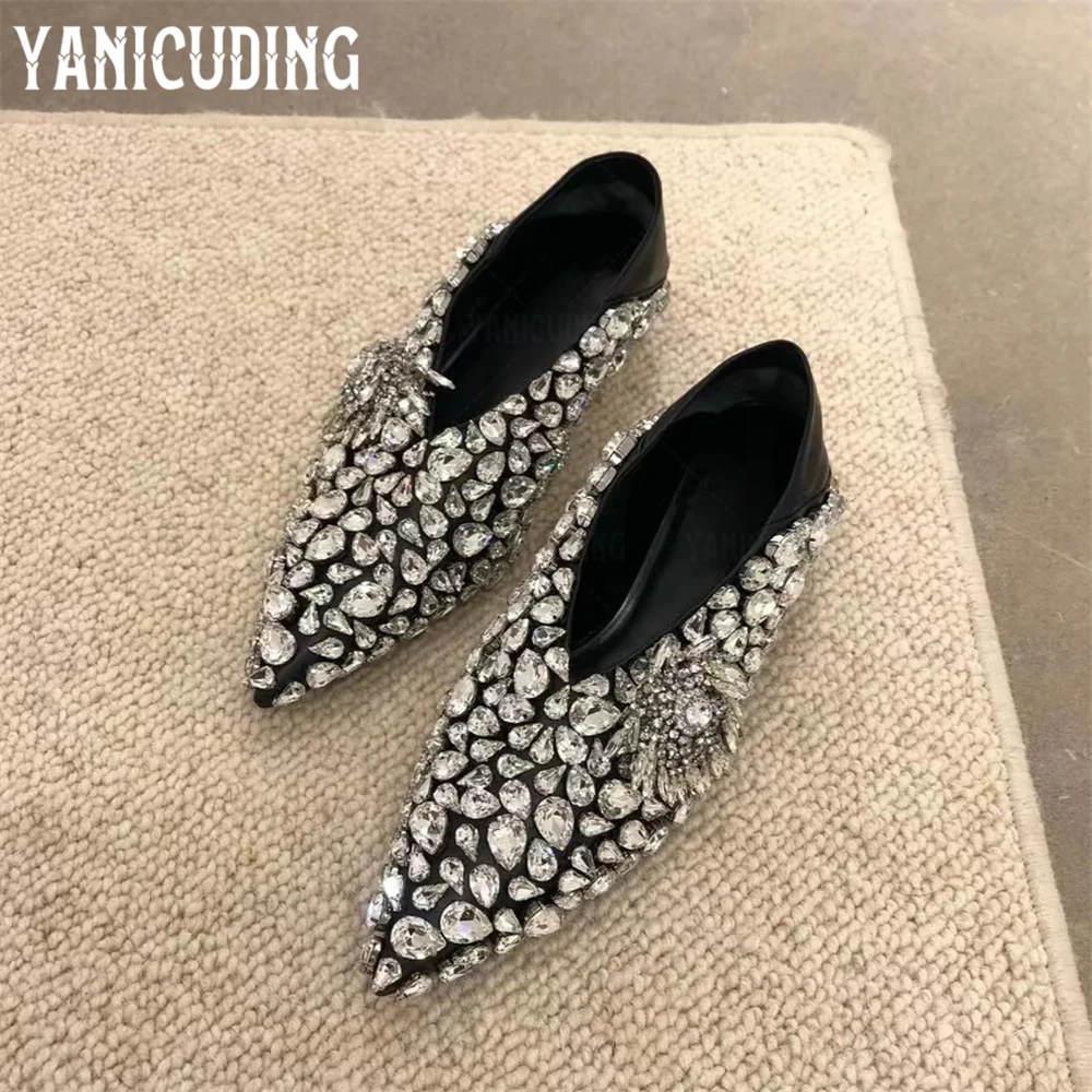 Strass-Quasten-Flats, schwarzes Leder, spitze Zehenschuhe, Luxus-Schuhe im Designer-Stil, zum Hineinschlüpfen, glänzende Flats aus weichem Leder für Damen