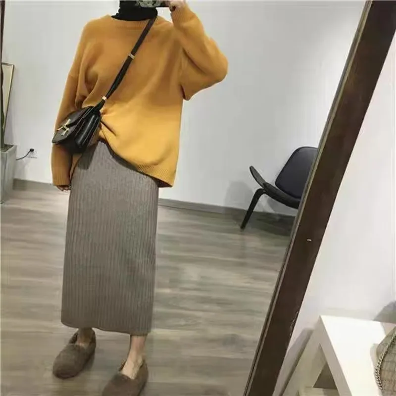 

100% Pure Wool Skirt Autumn/Winter New Women's Medium to Long High Waist Cashmere Skirt Knitted Solid Color Long Skirt