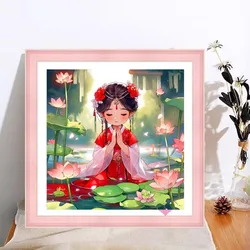 Girl Lotus Cross Stitch Kits Stamped 11CT Needlework DIY Patterns Handmade Embroidery Set