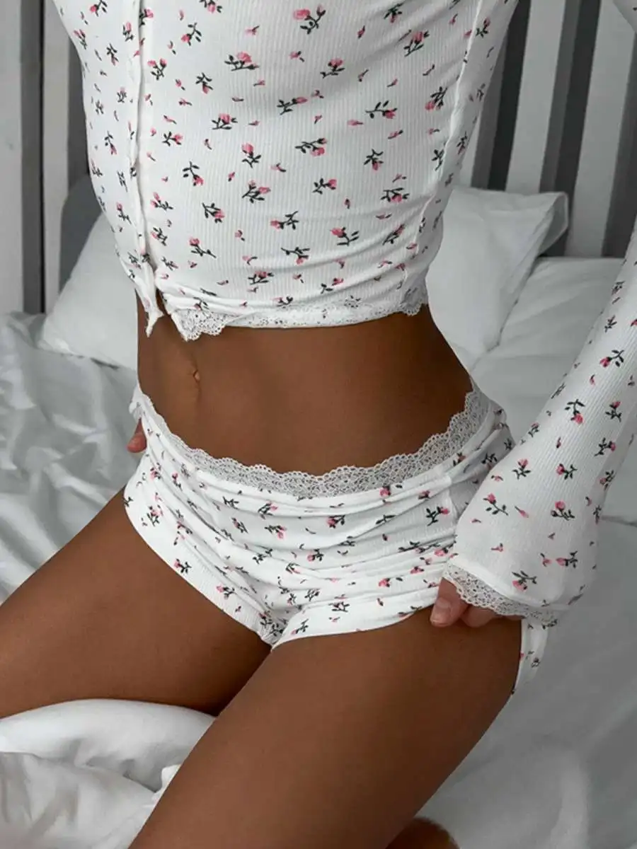 

Облегающий комплект с цветочным принтом Long Sve round Ne Home Wear Set Макси с низким вырезом Dr And orts Женский ансамбль Faion