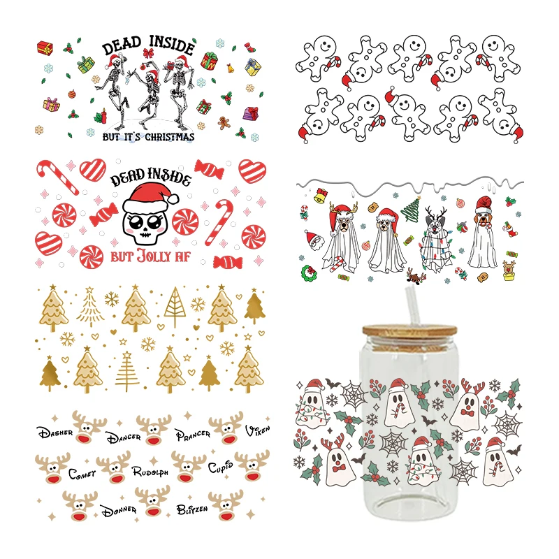 Christmas Horry UV DTF Cup Wrap Transfers Stickers Waterproof For Glass Decoration D5777