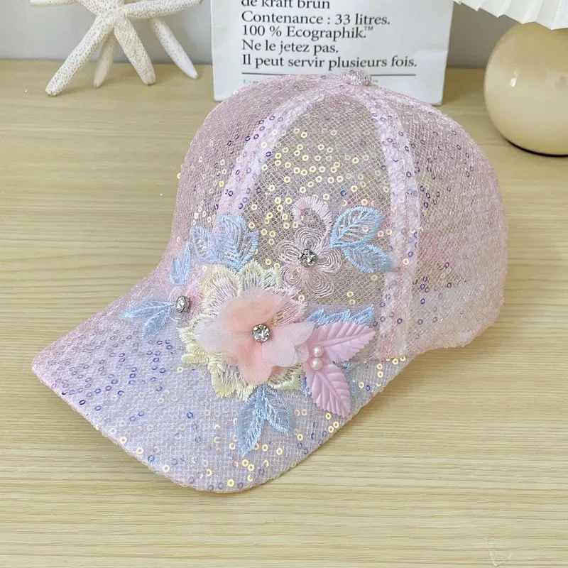 Summer Lace Mesh Sun Hat Breathable Sequins Baseball Cap Sunshade Versatile Duck Tongue Hat Hip-hop Hat Adjustable Rebound Cap