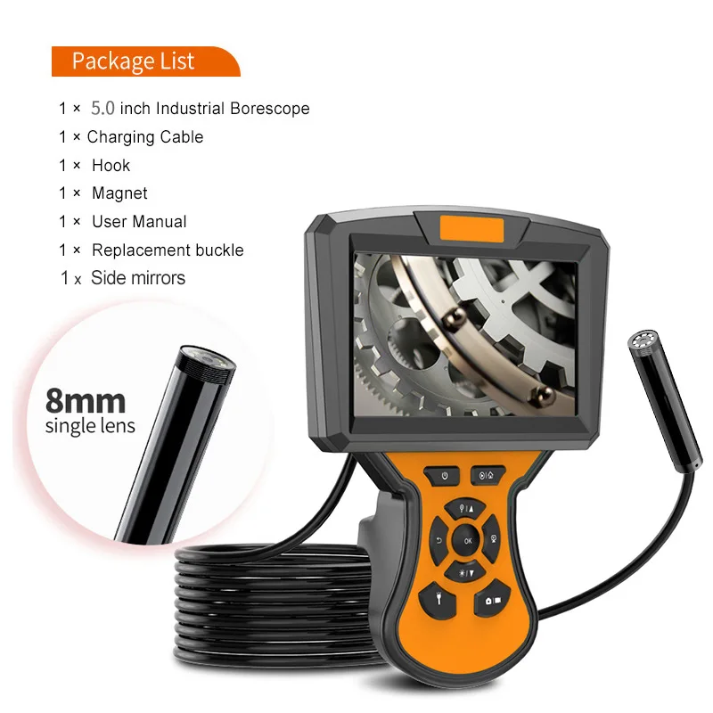 5Inch Screen 2MP 1080P Regid Cable Industrial Endoscope Inspection CMOS Borescope Digital Microscope Camera 8MM Water-proof IP66