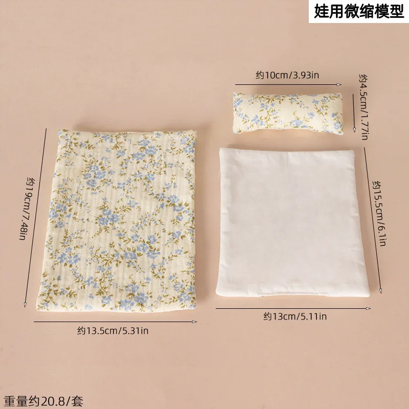 Vintage Floral Bedding Set, Dollhouse Mini Quilt Pillow Bed Linen Accessory, Handmade Fabric Prop for BJD Blythe OB11 Diorama