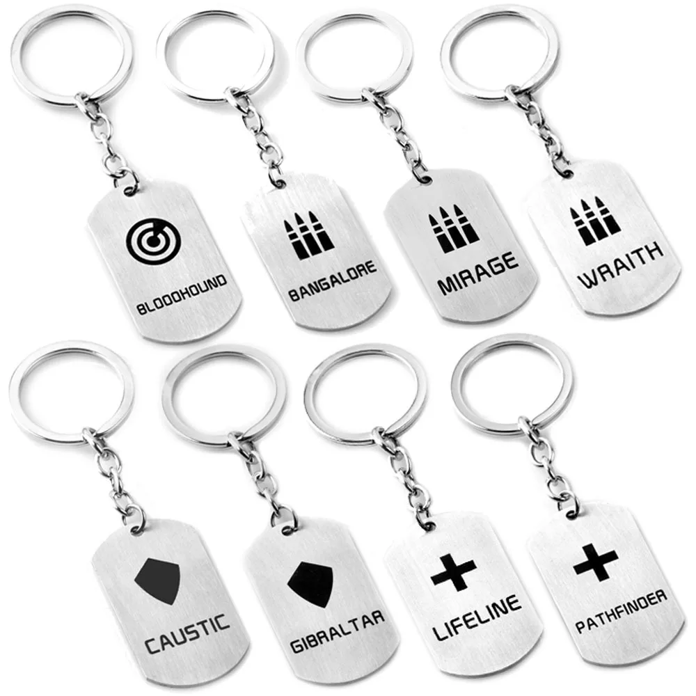 Stainless Steel Apex Legends Pendant Keychain for Men MIRAGE WRAITH CAUSTIC Hero Charactor Key Ring Finder Fans Car Bag Jewelry