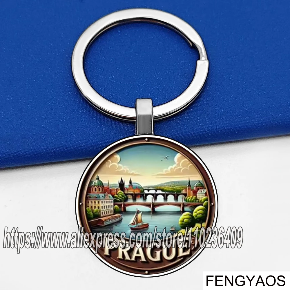 Charlie Bridge and Prague Vltava River Keychain, Vintage European City Landscape Souvenir Gift for Travelers