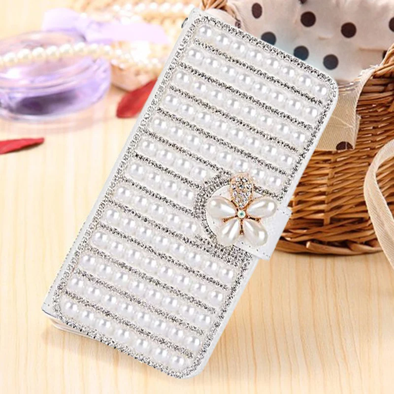 Pearl Leather Phone Case for Samsung Galaxy S24 S23 S22 S21 Ultra Plus FE Rhinestone Wallet Coque Silicone Cover for Women