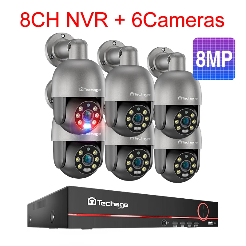 Techage 8CH 4K 5MP 8MP PTZ Beveiliging POE IP Camerasysteem Outdoor AI Menselijke detectie Tweeweg Audio Video Surveillance Camera Kit