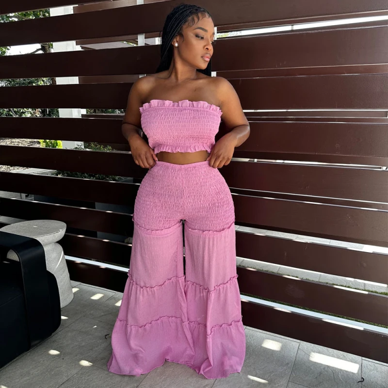 

African Fashion Sexy Women Summer Ruffled Two Pieces Set Boho Outfits Ladies Strapless Crop Tube Top and Wide Leg Pants Sets