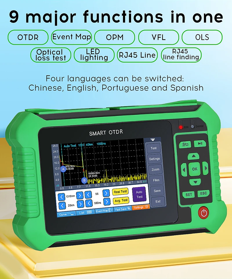 Imagem -02 - Mini Otdr Fibra Óptica Refletômetro Funções Vfl Ols Opm Mapa de Eventos Cabo Ethernet Tester 22 db 24db para 80km