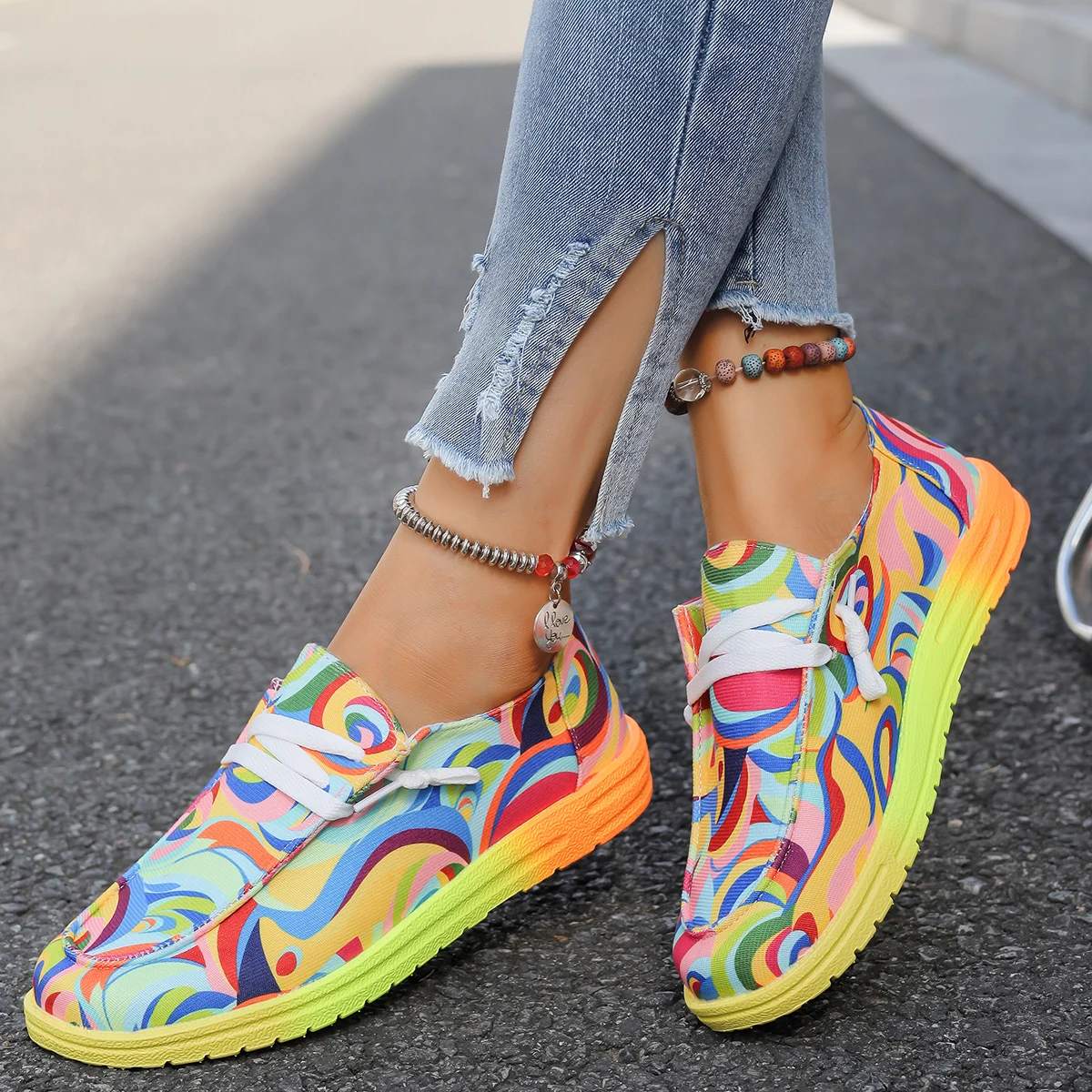 Women Ethnic Rainbow Canvas Shoes New Casual Daily Ladies Flat Shoes Round Toe Loafers Multi-Color Print Lace-up Sneakers Women