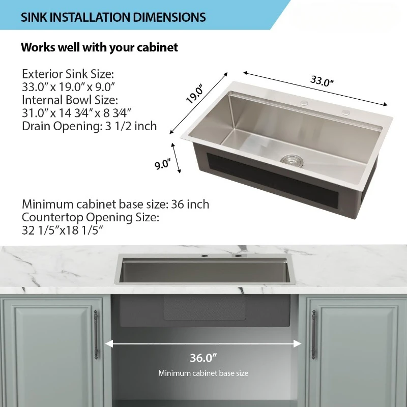 33 Polegada-33x19 pia gota 16 calibre pia de aço inoxidável borda estação de trabalho única tigela montagem superior overmount cozinha