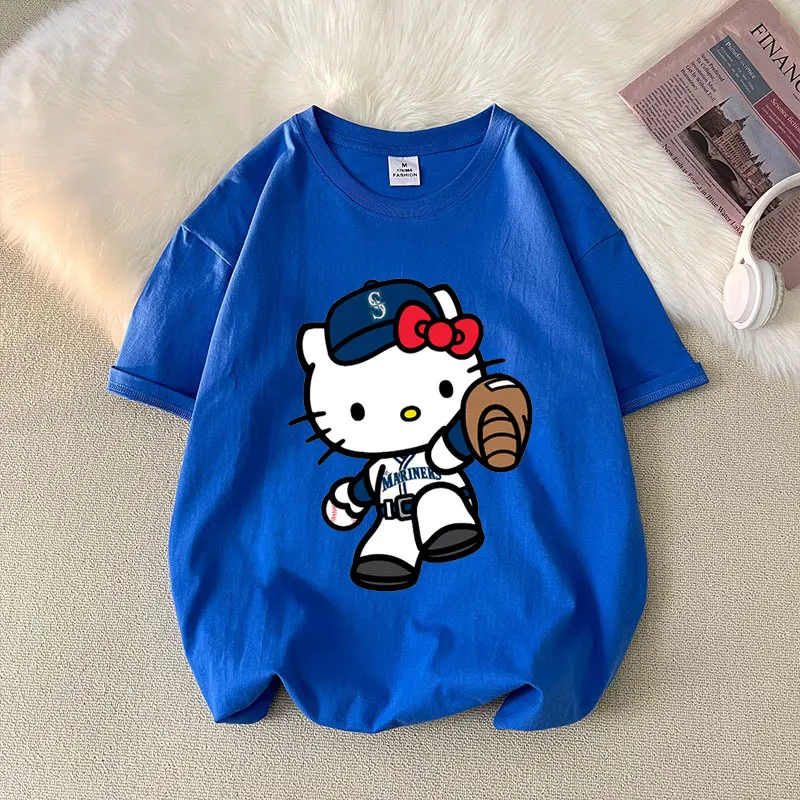 Hello Kitty Blue Women T-shirt Summer Short Sleeve 100% Cotton Men Tee Shirt Tops Cartoon Anime Fashion Couple Clothes Tops