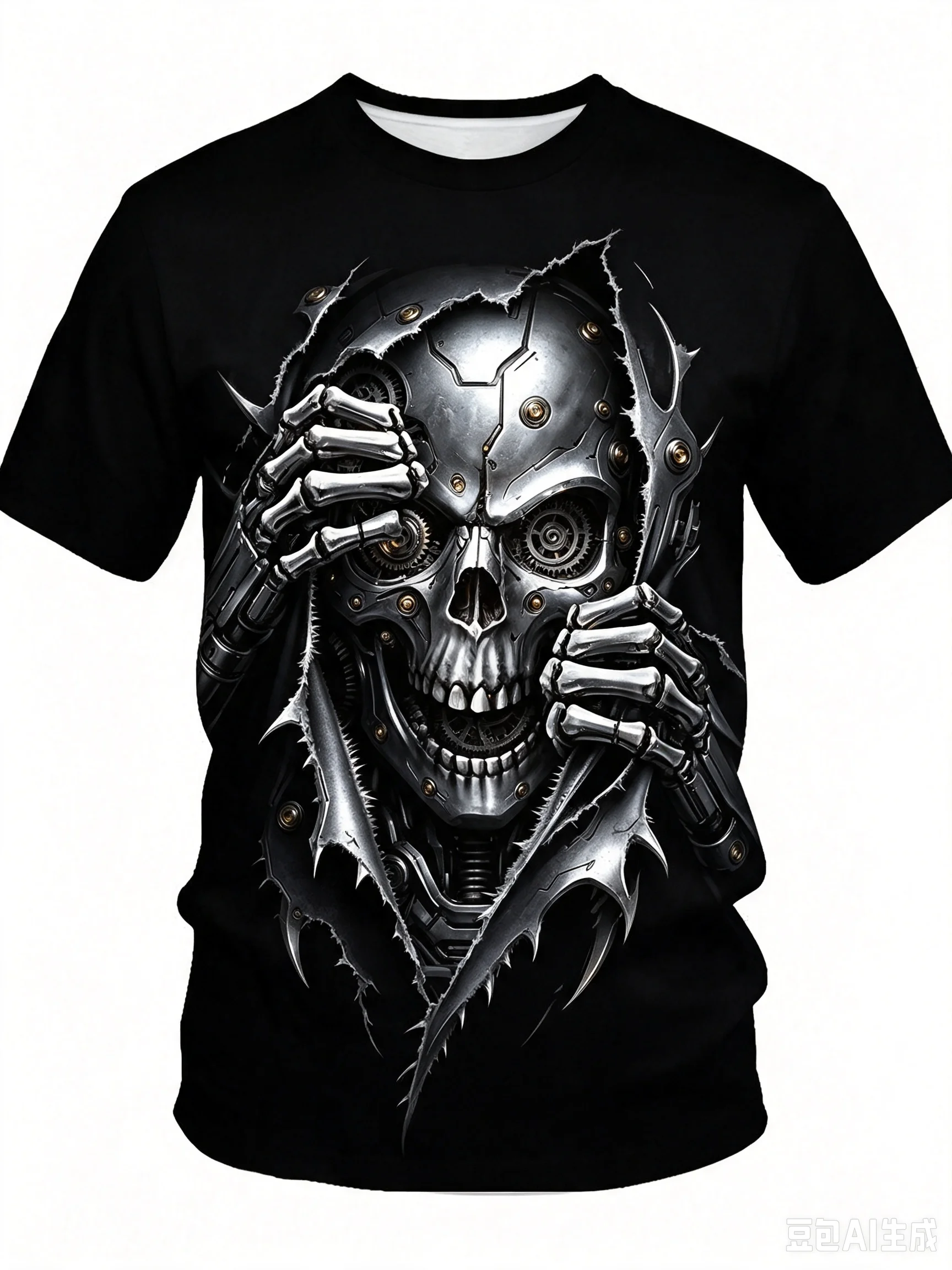 Men's Gothic Skull 3D Print T‑Shirt, Cool Skeleton Ripping Fabric Graphic Short Sleeve Tee, Casual Crew Neck Top for Daily Wear