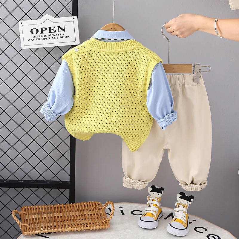 Boys Clothes Sets Spring Autumn Children Knitted Vest Tie Shirts Pants 3pcs Party Suit For Baby Costume Kids Fashion Outfits 6Y