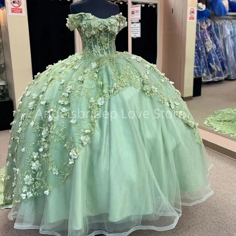 Angelsbridep gaun pesta hijau Mint gaun Quinceanera gaun pesta ulang tahun Vestidos De Fiesta dengan 3D Floral berjenjang bahu terbuka