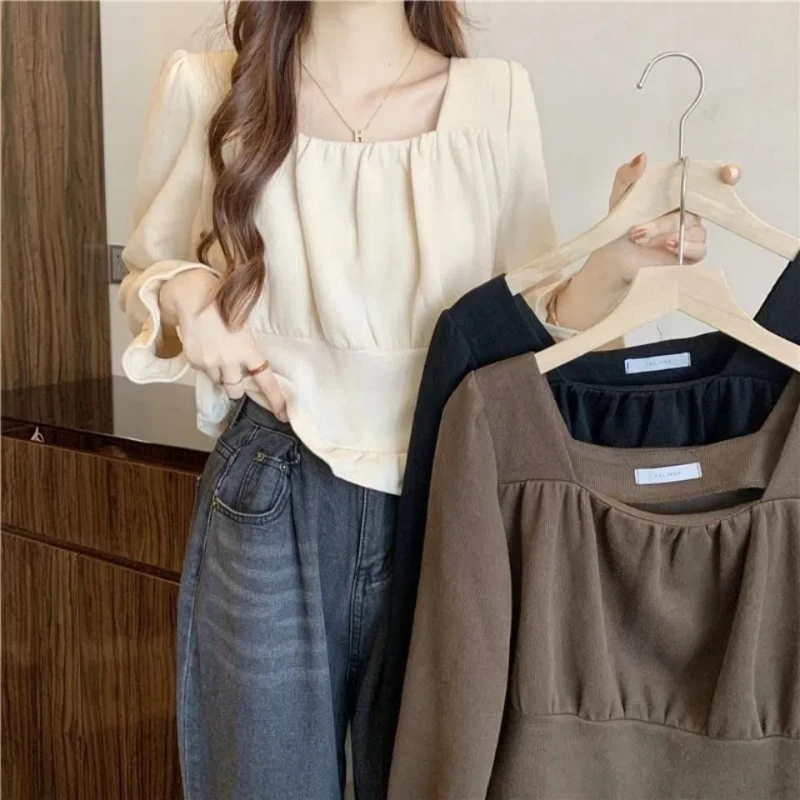 Korean Spring Sweet Square Collar Off Shoulder Fashion Solid Color Blouse Women Elegant Vintage Pleated Flare Sleeve Pullovers