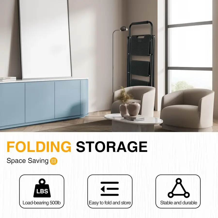 سلم متدرج، مقعد محمول قابل للطي من الفولاذ مع دواسة واسعة مضادة للانزلاق ومقبض مريح، سلم فولاذي قوي بوزن 500 رطل، Bla #5